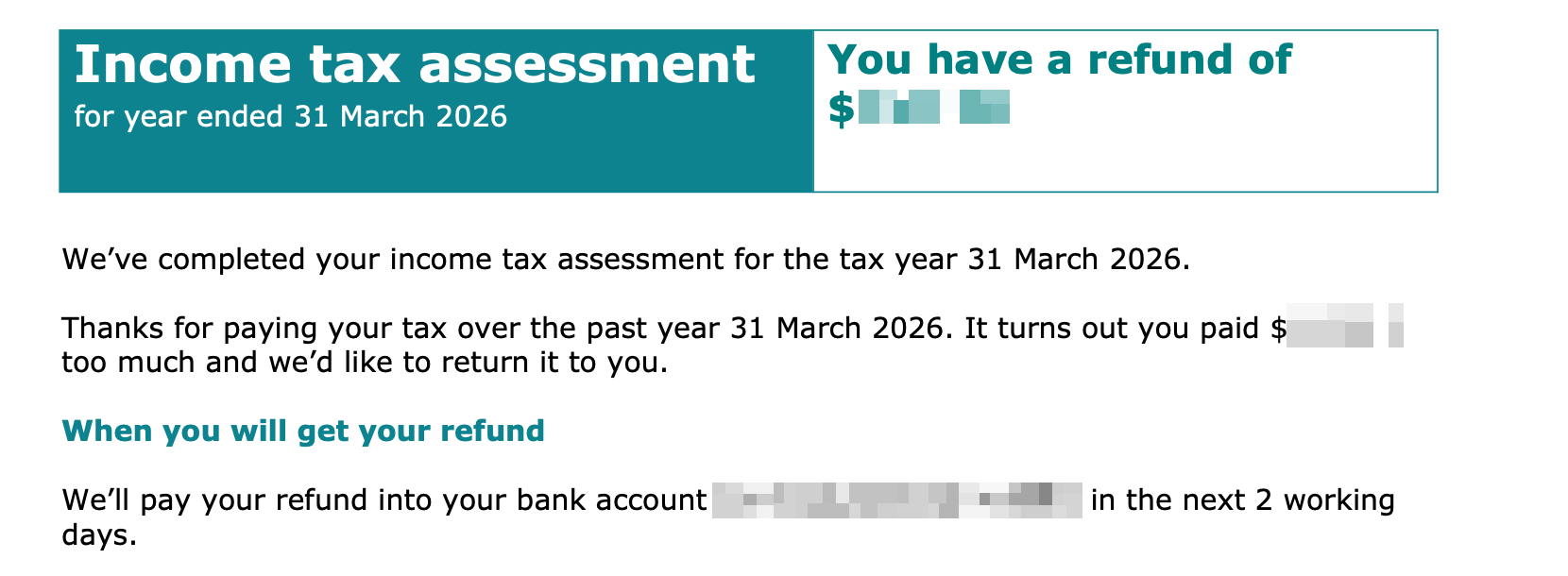 Easy to read and friendly letter about a tax refund. 