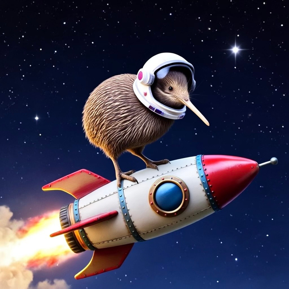 Kiwi on a rocket as created by Siri AI.