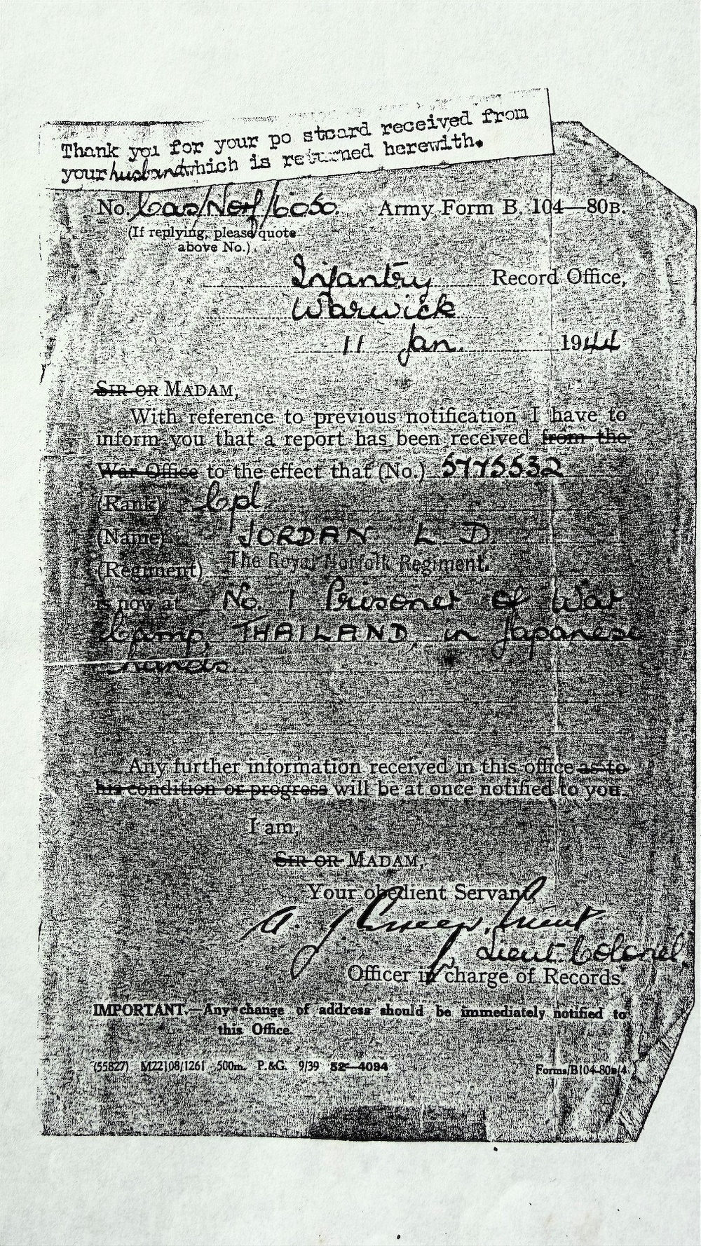 Prisoner of War notification. 