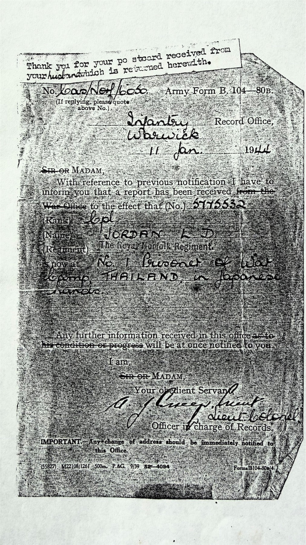 Prisoner of War notification.