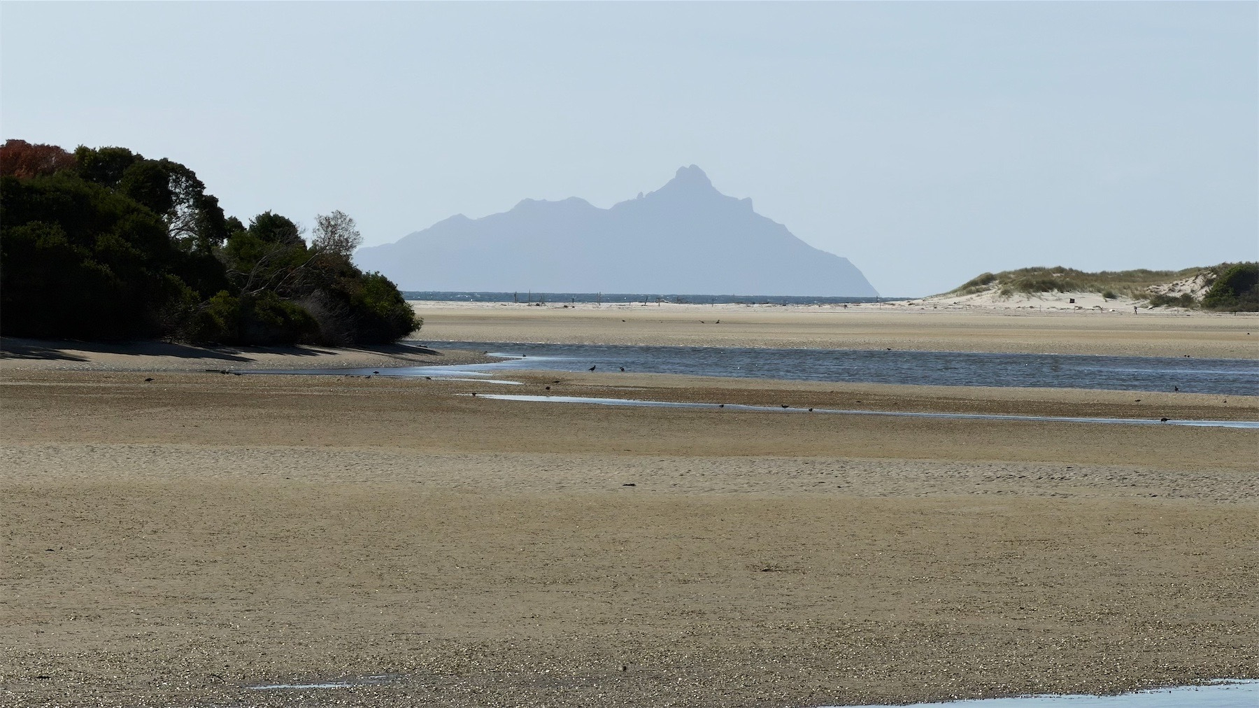View across sand and water of the estuary to a large island in the misty distance.