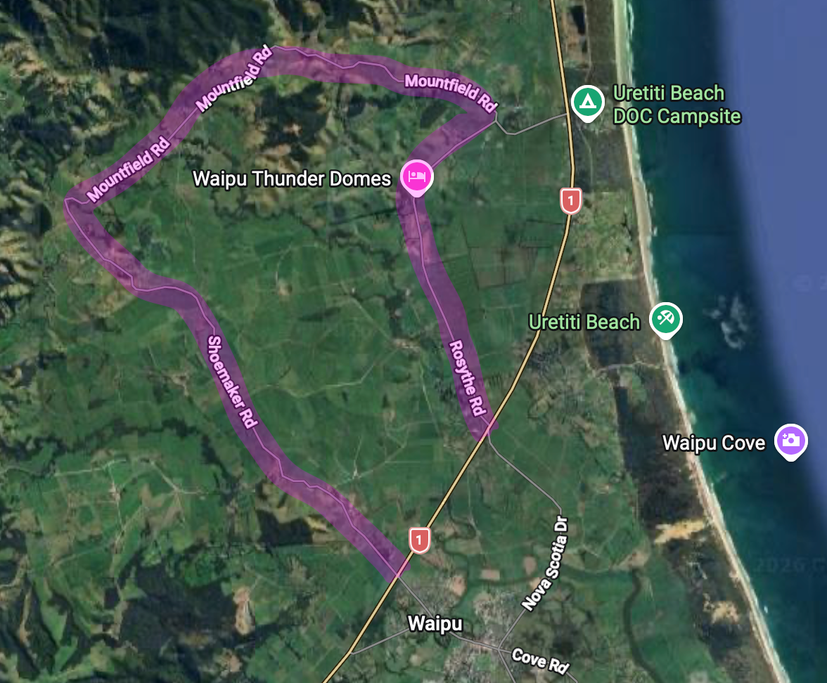 Highlighted map shows a big circuit through hilly country. 