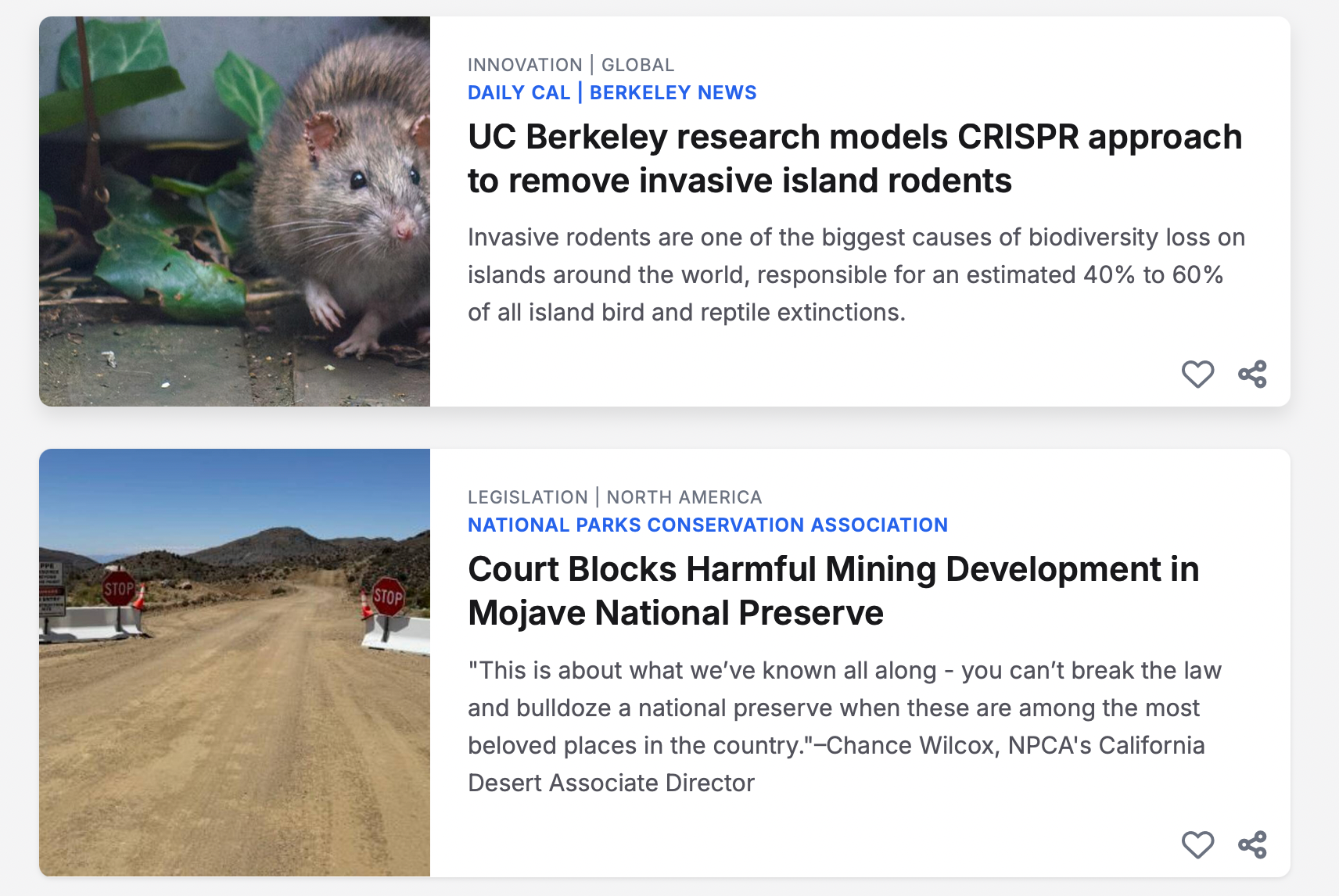 Screenshot shows a couple of story headlines and intros.