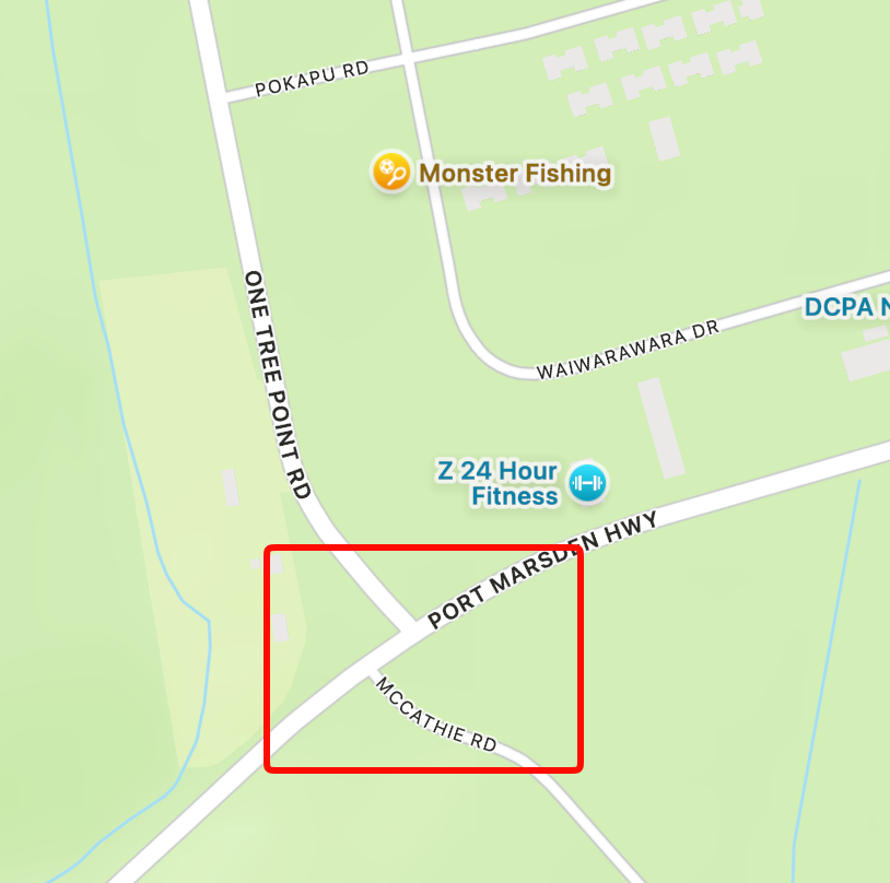 Map shows a main highway with a road on the right and a road on the left whose ends don't quite line up.