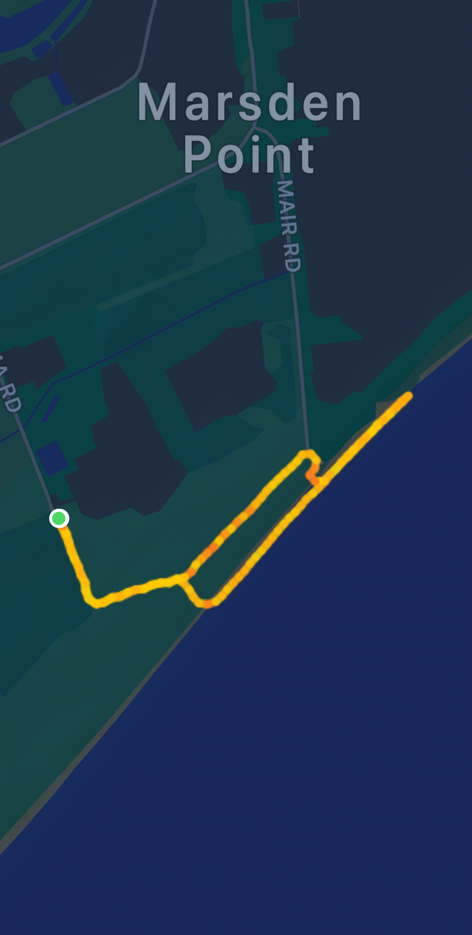 Route of a loop walk from Rama Road, north along the beach, back via the Pipeline Track, starting at Mair Road. 