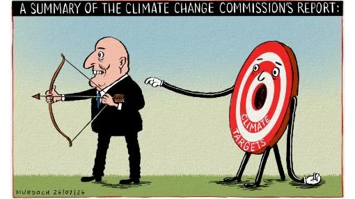 Cartoon shows our Prime Minister with bow and arrow pointing away from a Target