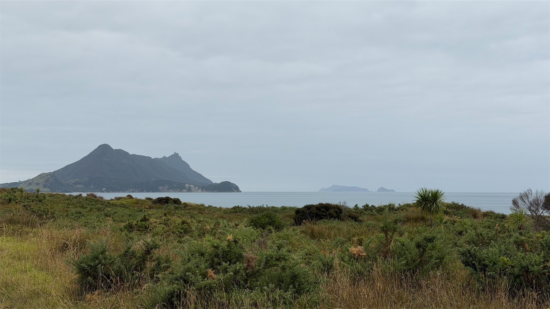 View across green bushes to sea and distant islands. 