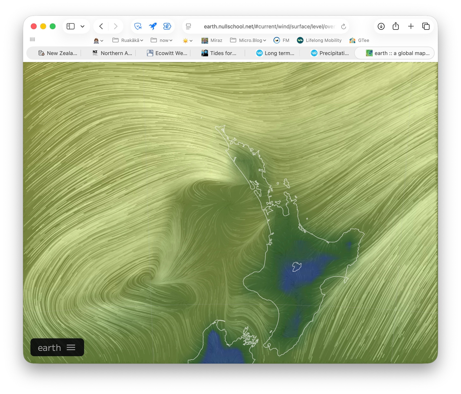 Wind map shows an area where wind seems to be welling up and then flowing out in all directions. 
