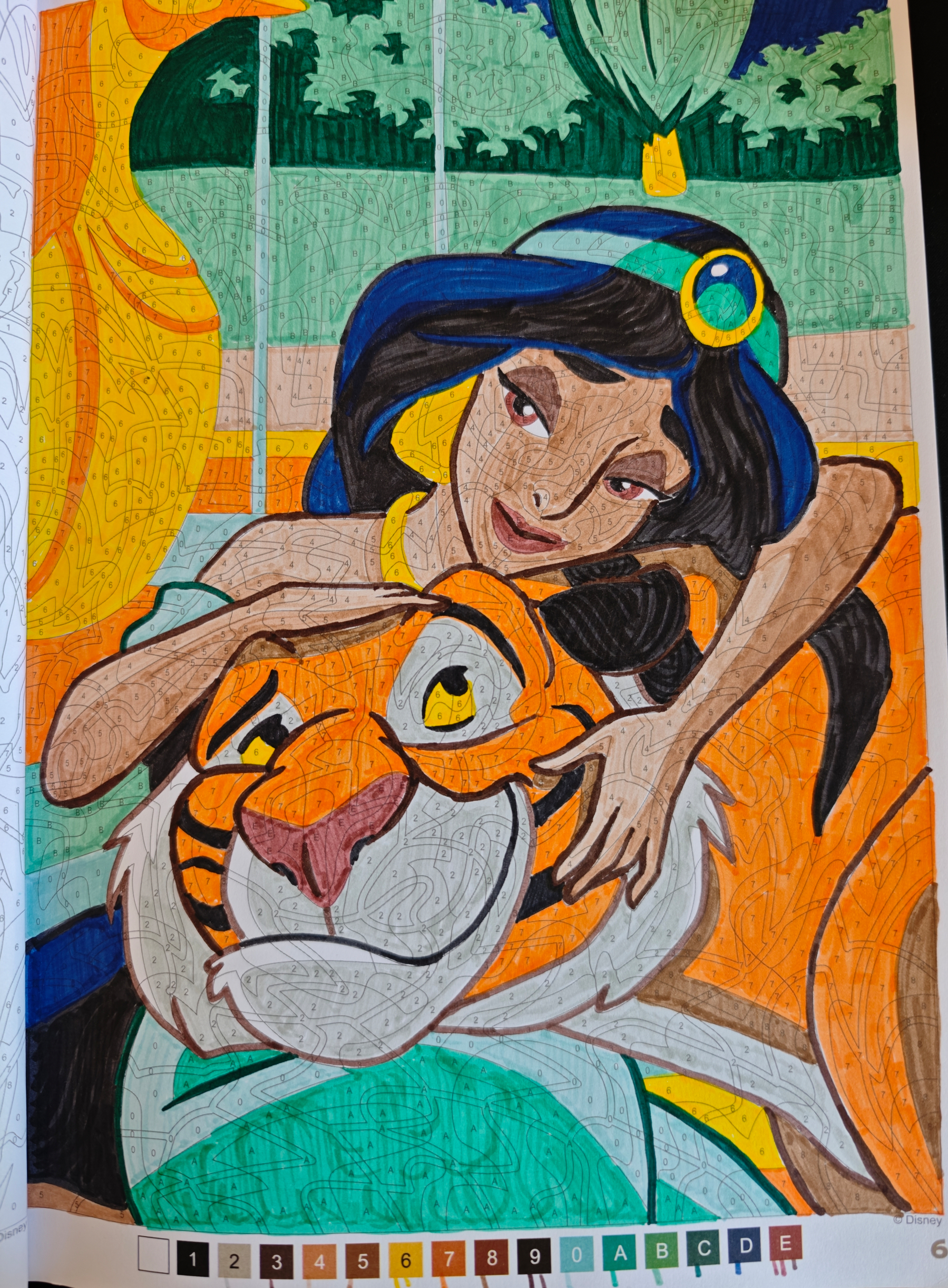 A woman with long dark hair and a jeweled headband is affectionately leaning on a content-looking tiger amidst a lush garden setting, depicted in a color-by-numbers art style.