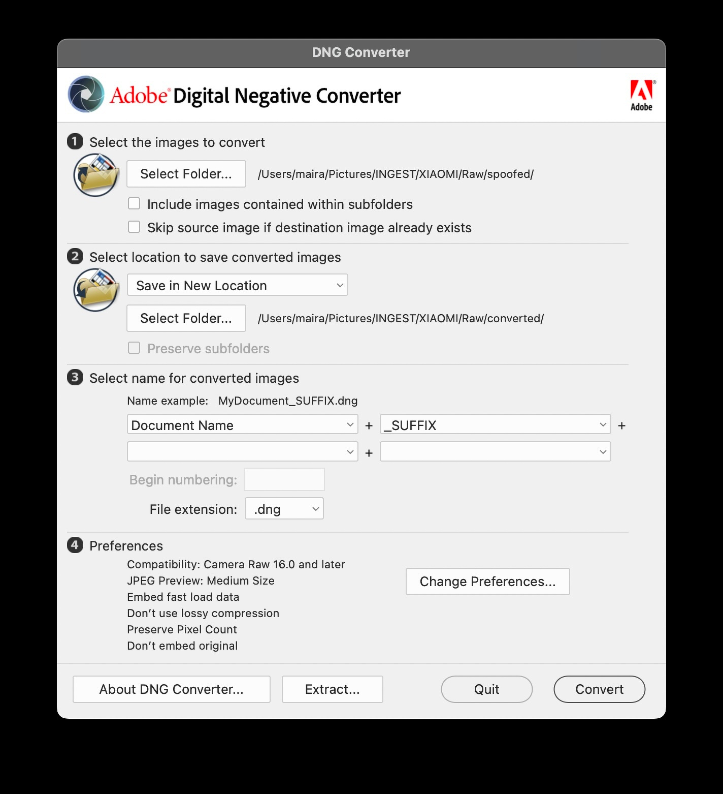Adobe DNG Converter, showing different options