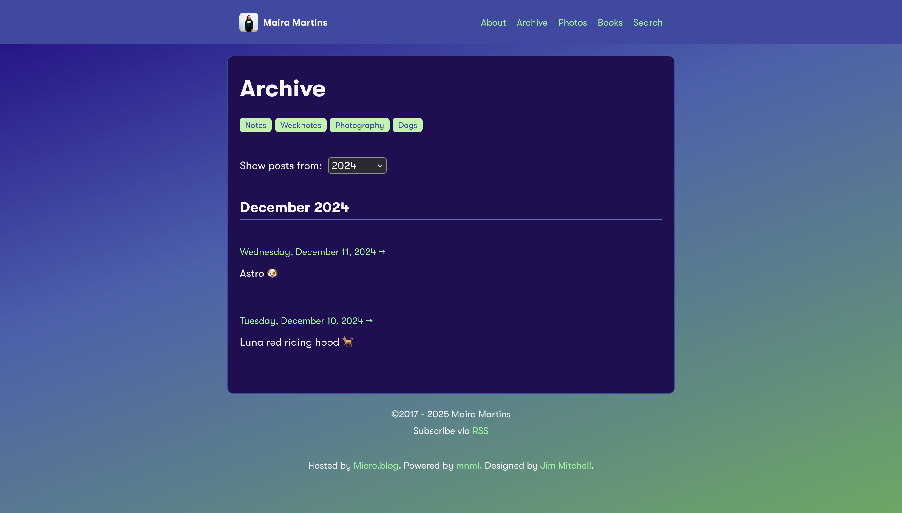 A blog archive page displays posts from December 2024, with a dark theme in shades of purple with green details.