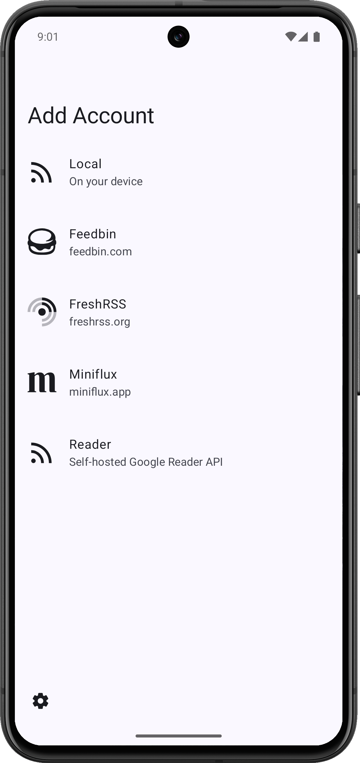 Auto-generated description: A smartphone screen displays an Add Account menu with options to connect to RSS services like Local, Feedbin, FreshRSS, Miniflux, and Reader.