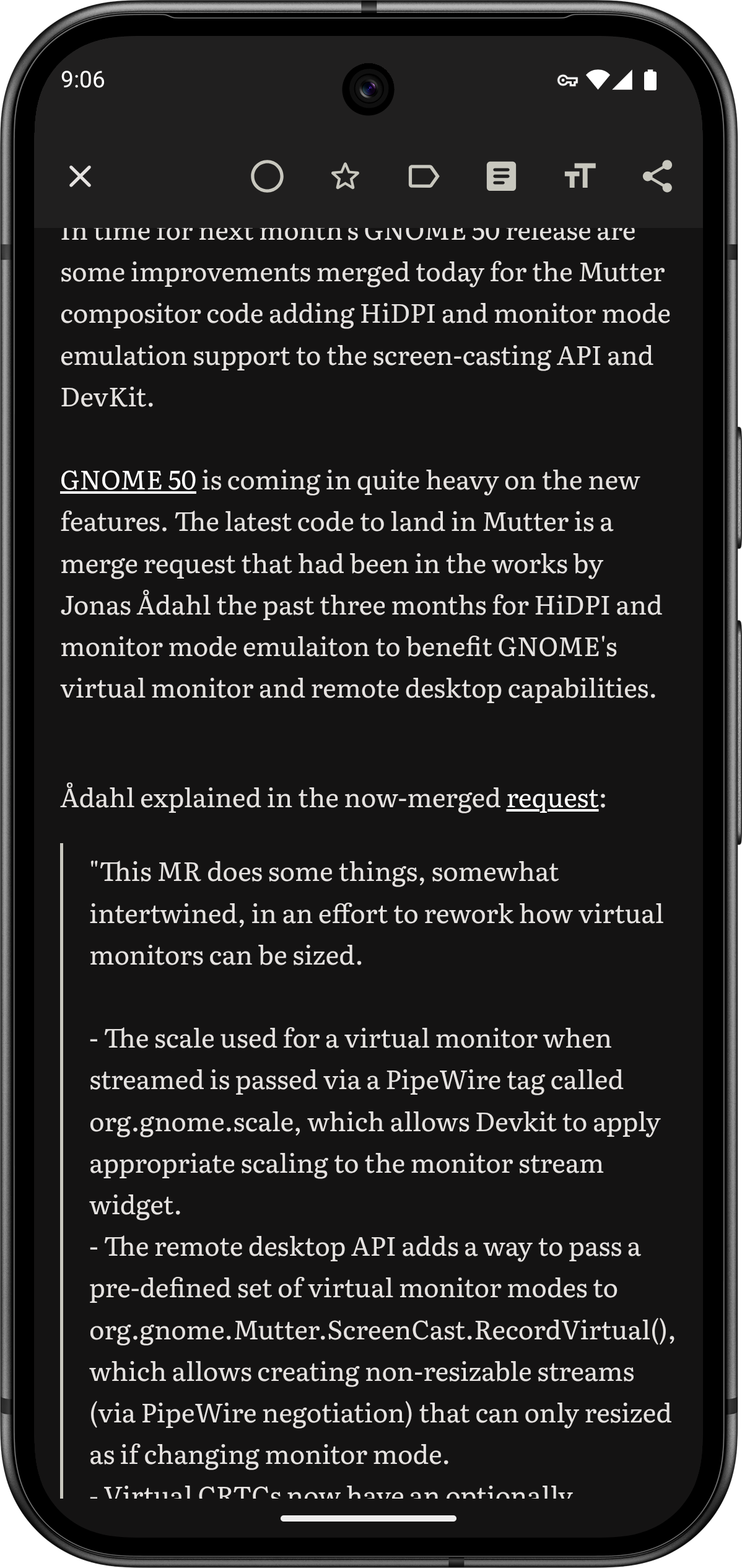 Auto-generated description: A smartphone screen displays an article discussing upcoming features in GNOME 50, focusing on virtual monitor and remote desktop capabilities.