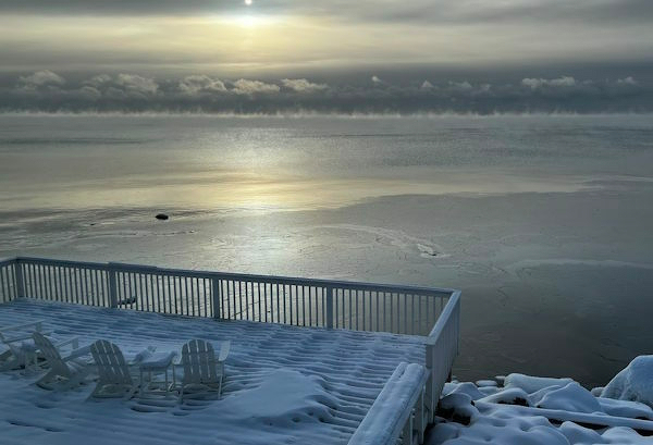 A thin film of ice forms along the shore of Lake Superior