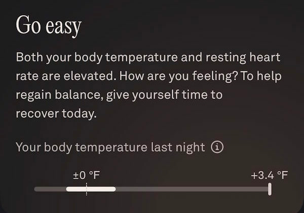 Oura ring readout showing sickness