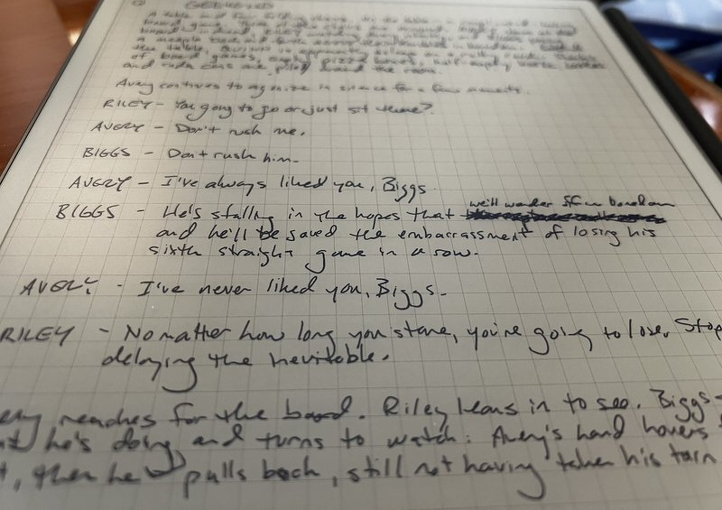 Handwritten pages from Justin's playwriting class assignment