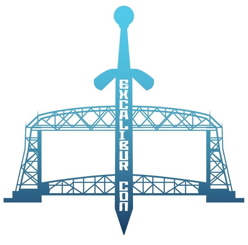 The Excalibur Con logo, a sword driven through the Duluth Aerial Lift Bridge