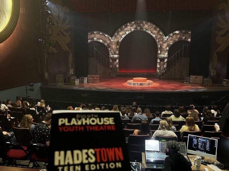 The set for Hadestown (Teen Edition) at the Duluth Playhouse, seen from the back of the house on opening night