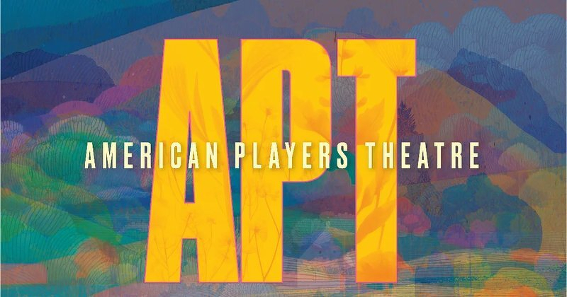 The American Players Theatre logo over a painted illustration of the Wisconsin hills
