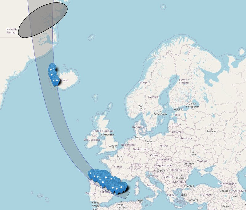 A map of the North Atlantic showing the path of totality sweeping from Iceland down across Spain