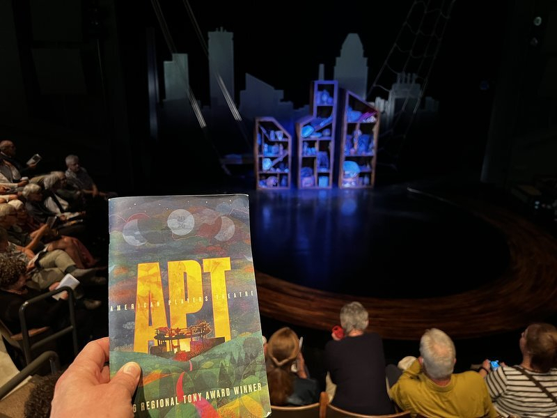 The blue-lit scaffold and skyline set for Dontrell, Who Kissed the Sea in the Touchstone Theatre