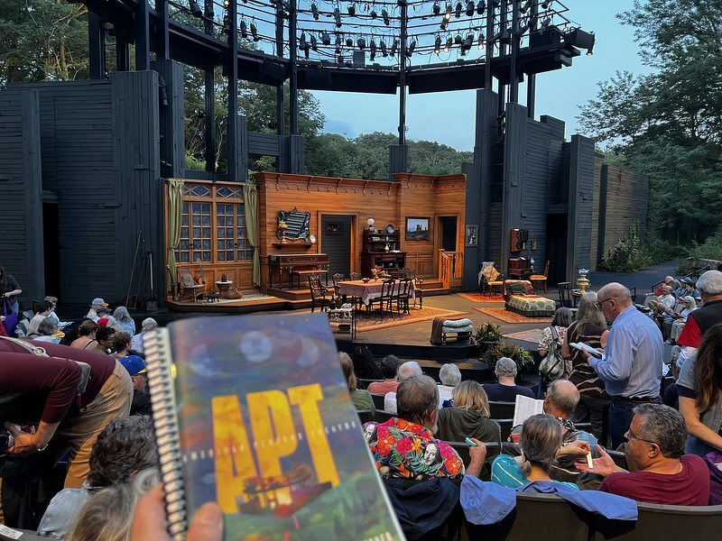 The interior room set for Uncle Vanya on the Hill Theatre stage as the audience fills in