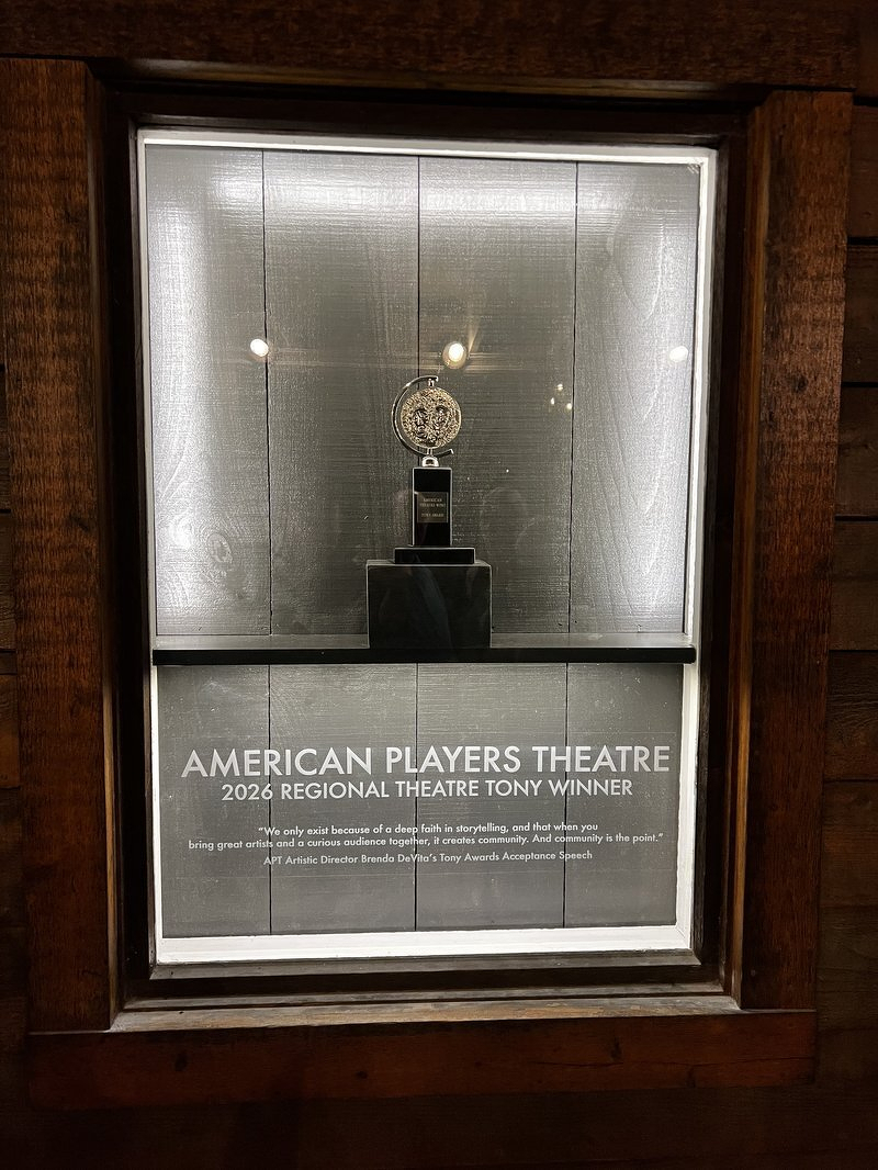 American Players Theatre's 2026 Regional Theatre Tony Award in a lighted display case