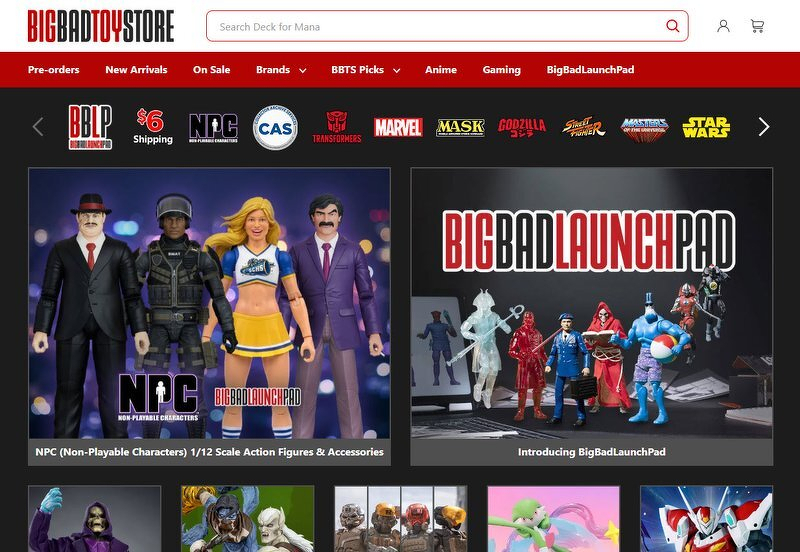 The BigBadToyStore homepage featuring the BigBadLaunchPad banner and the NPC (Non-Playable Characters) action figure line