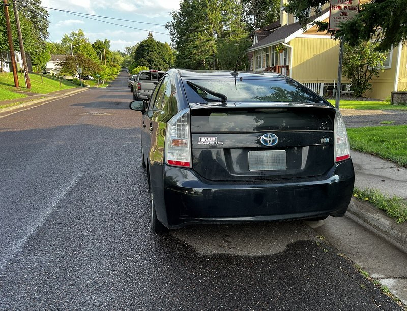 Our black Prius parked along the curb of a tree-lined residential street