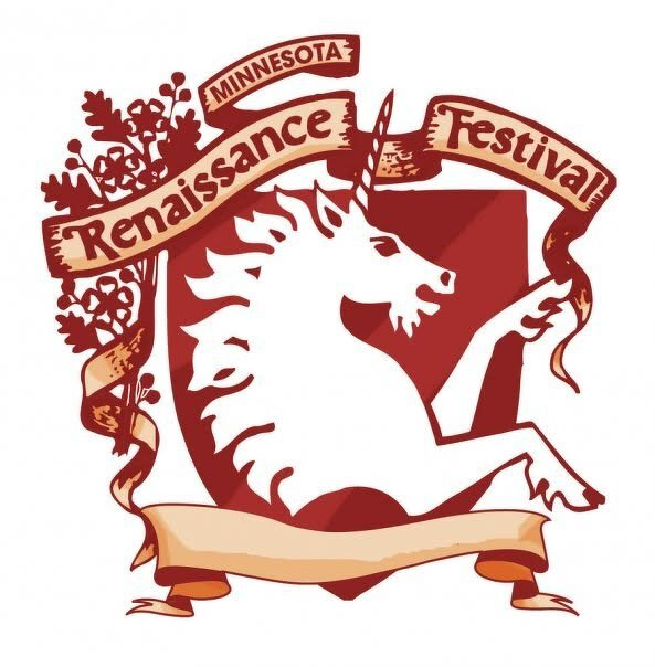 The Minnesota Renaissance Festival logo, a white unicorn on a red shield wrapped in banners