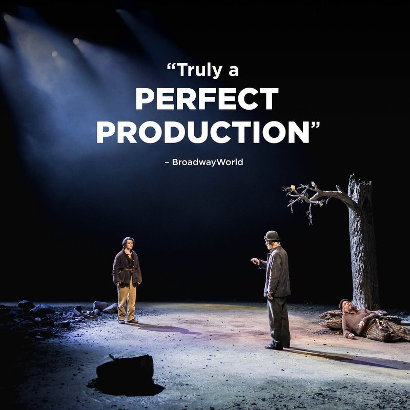 Guthrie promotional image for Waiting for Godot, two figures under a bare tree on a moonlit road, with a BroadwayWorld pull quote calling it truly a perfect production