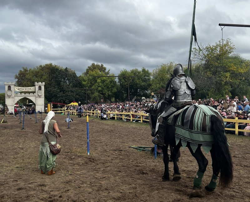 An armored knight on a barded horse at the edge of the jousting arena in front of a packed grandstand