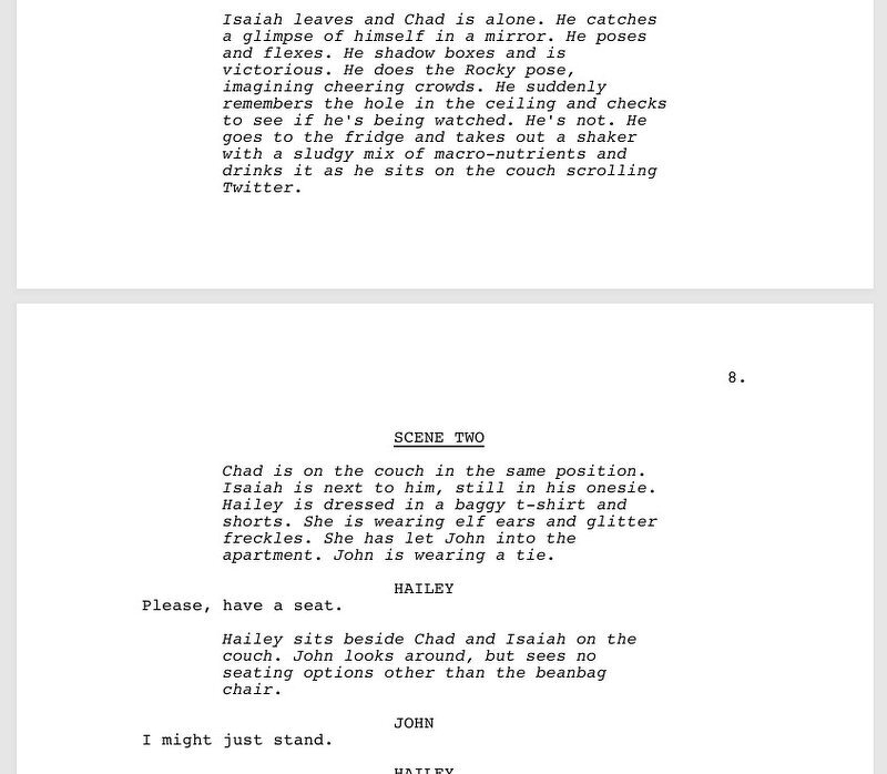 Two pages of a script in progress in Fade In, including the start of Scene Two