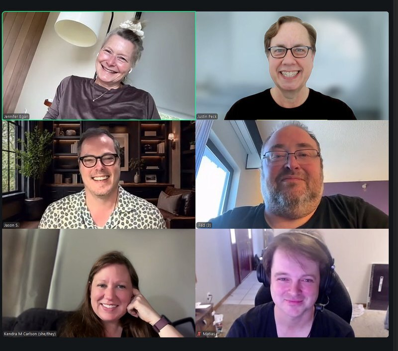A Zoom grid of the book group, with Jennifer Egan smiling in the top left square
