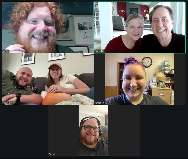 A Zoom grid of the family movie discussion, with Justin and Jody sharing one square, Alex and Kelsie on a couch, Kaylee, Corey, and Spencer