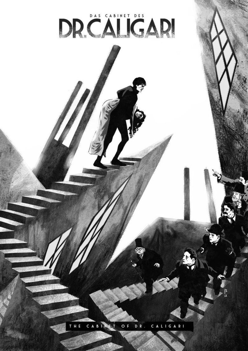 A black-and-white poster for The Cabinet of Dr. Caligari, a figure carrying a woman up a jagged, angular staircase