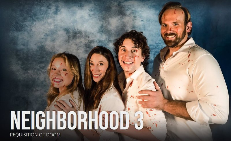 Promotional image for Neighborhood 3: Requisition of Doom, four cast members smiling eerily with blood spattered on their faces and clothes