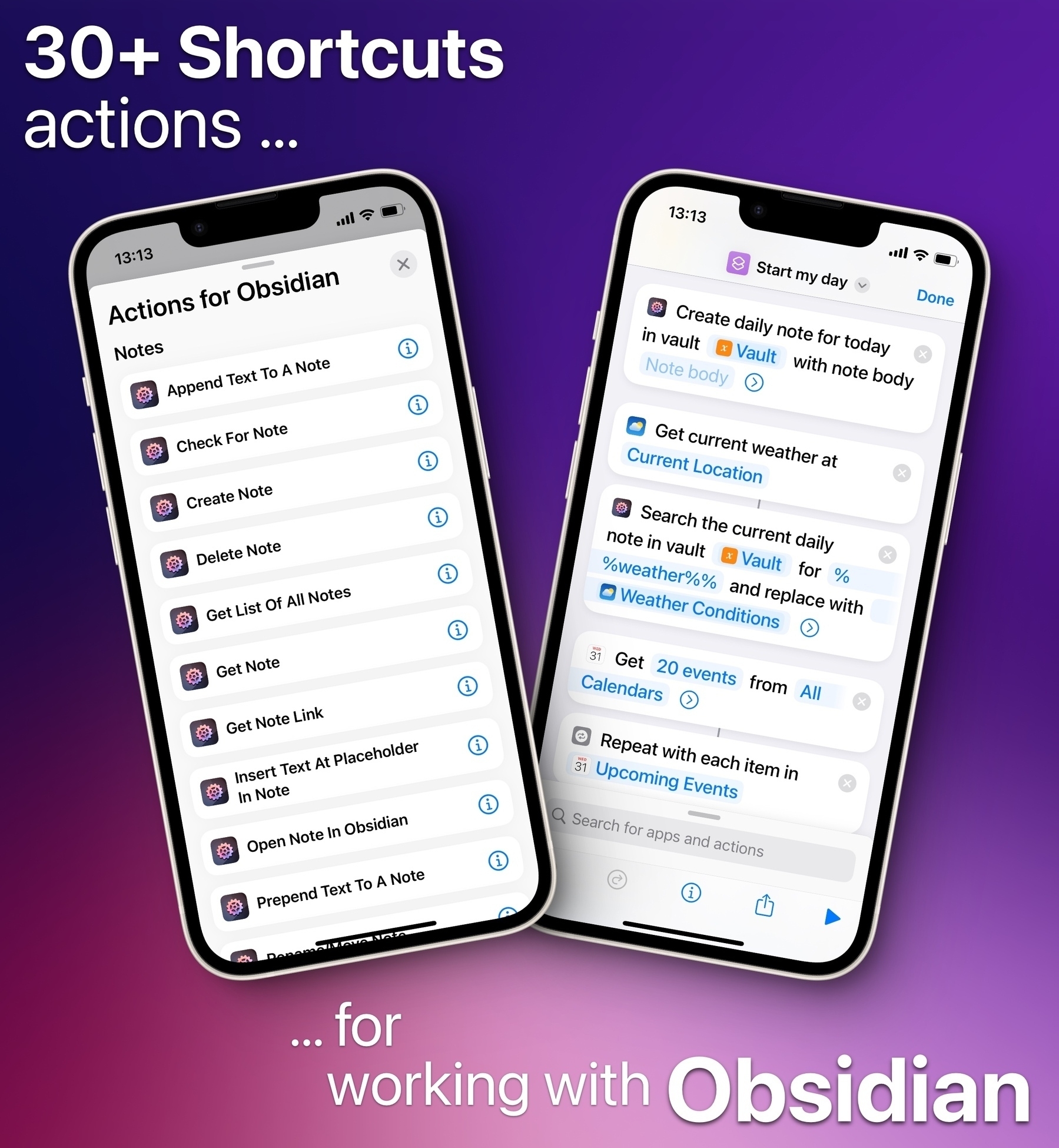 Two iPhone side by side, showing several Shortcuts actions