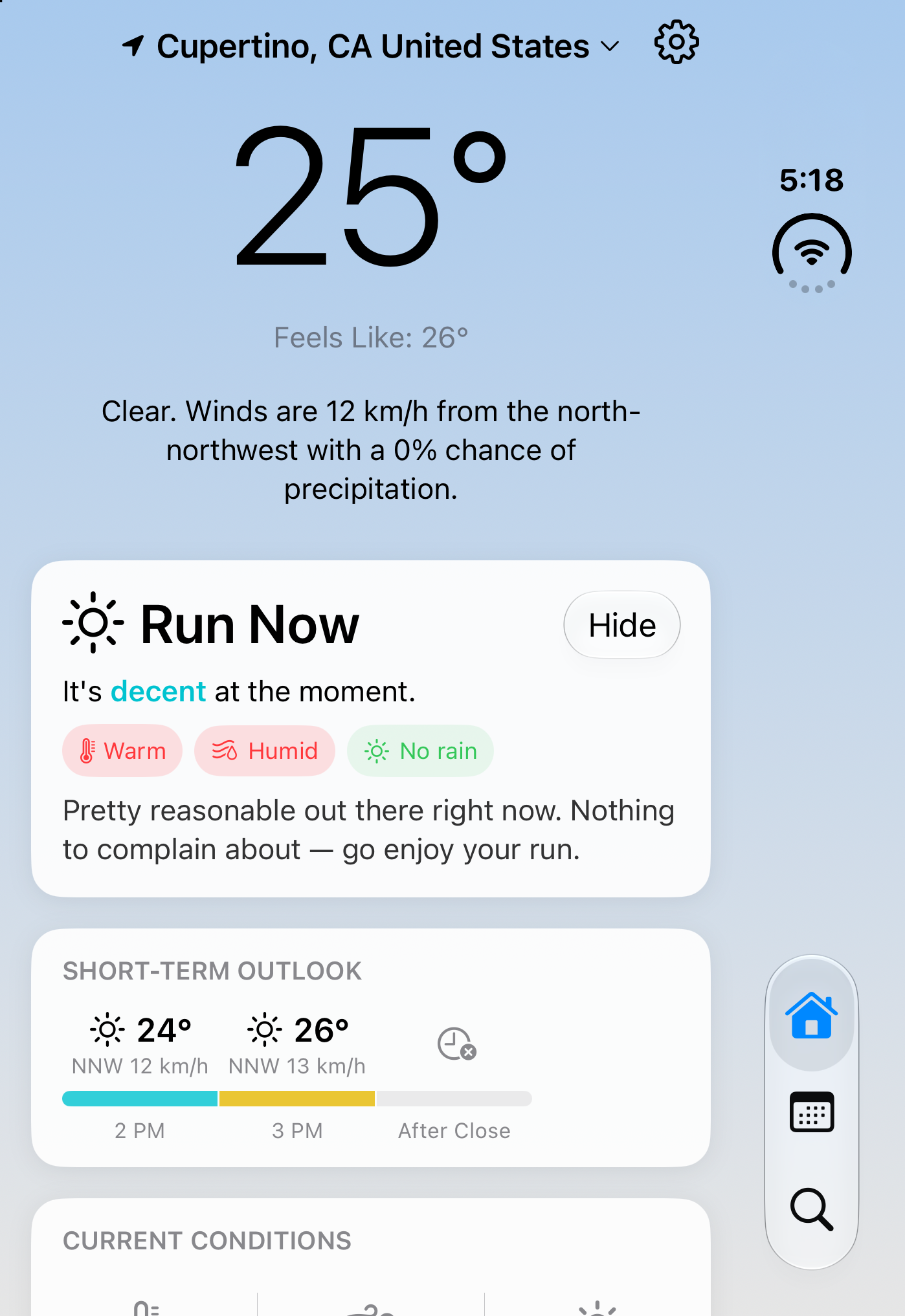 RunnerCast on the iPhone Duo.&10;&10;The weather in Cupertino, CA is clear and 25°C with winds at 12 km/h from the north-northwest, a 0% chance of precipitation, and conditions described as decent for running despite being warm and humid.