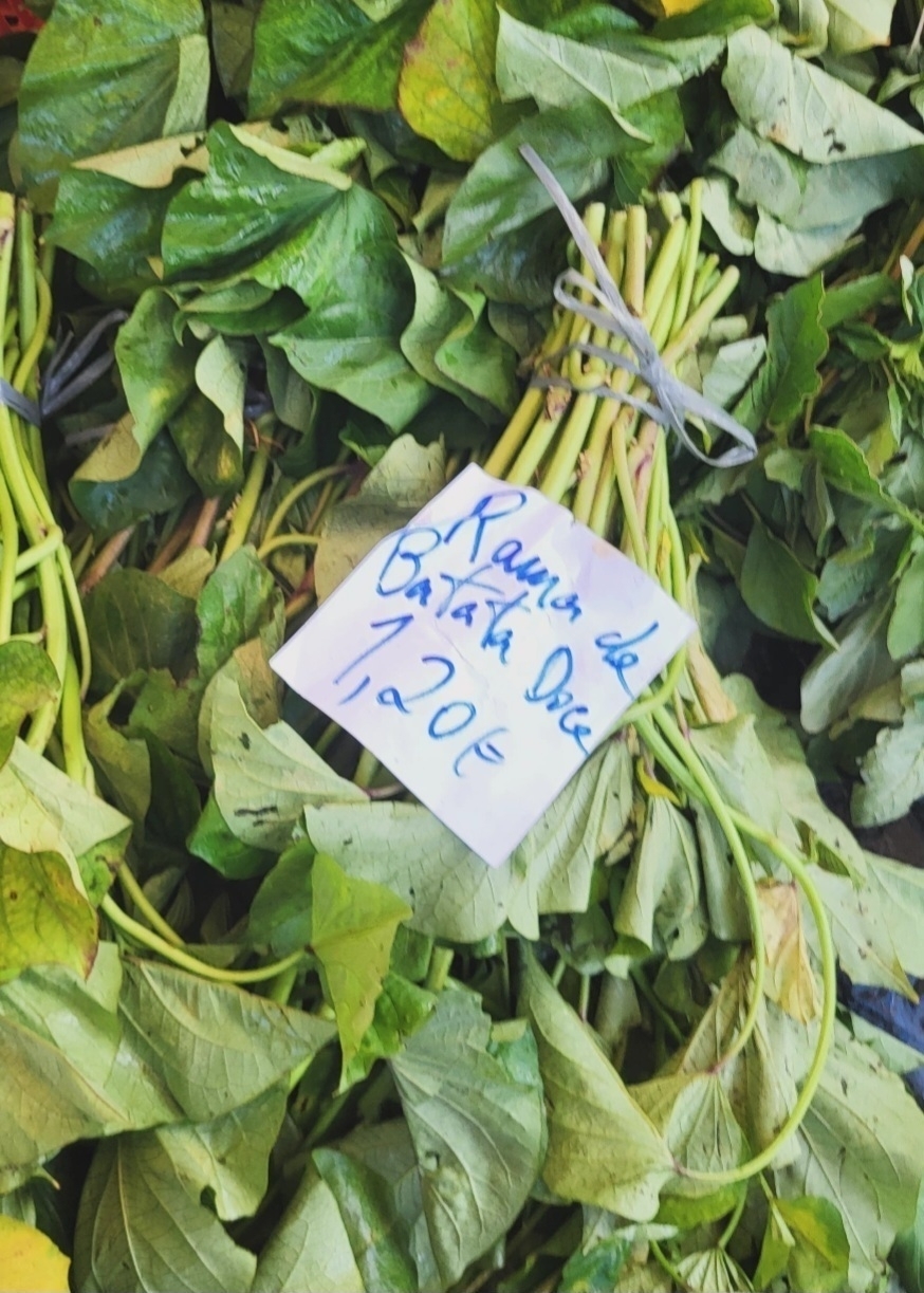 Bundles of leafy greens labeled "Rama de Batata Doce" are displayed with a price of 1,20€.