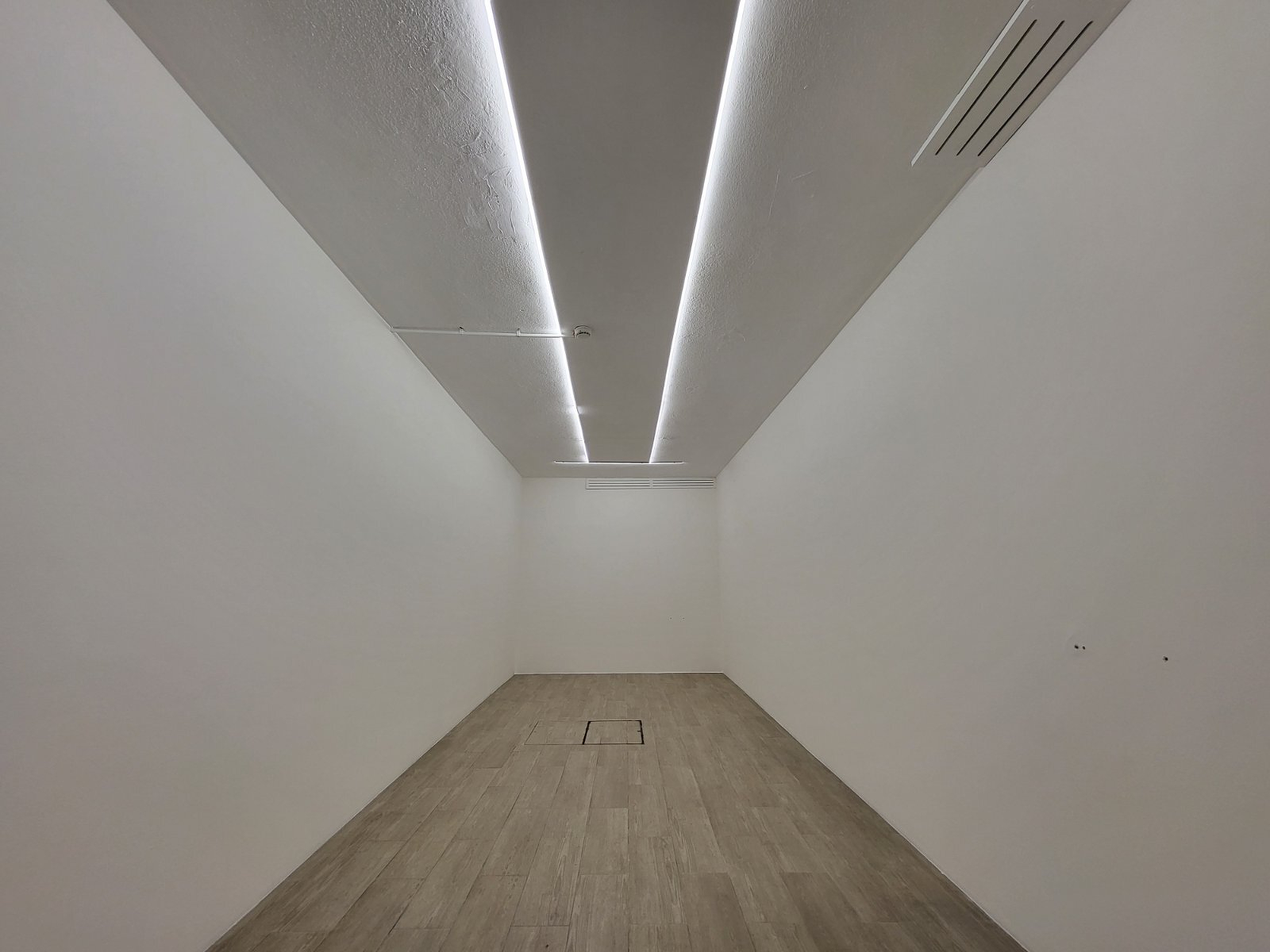 A minimalist, empty room with wooden flooring and a ceiling featuring linear recessed lighting.
