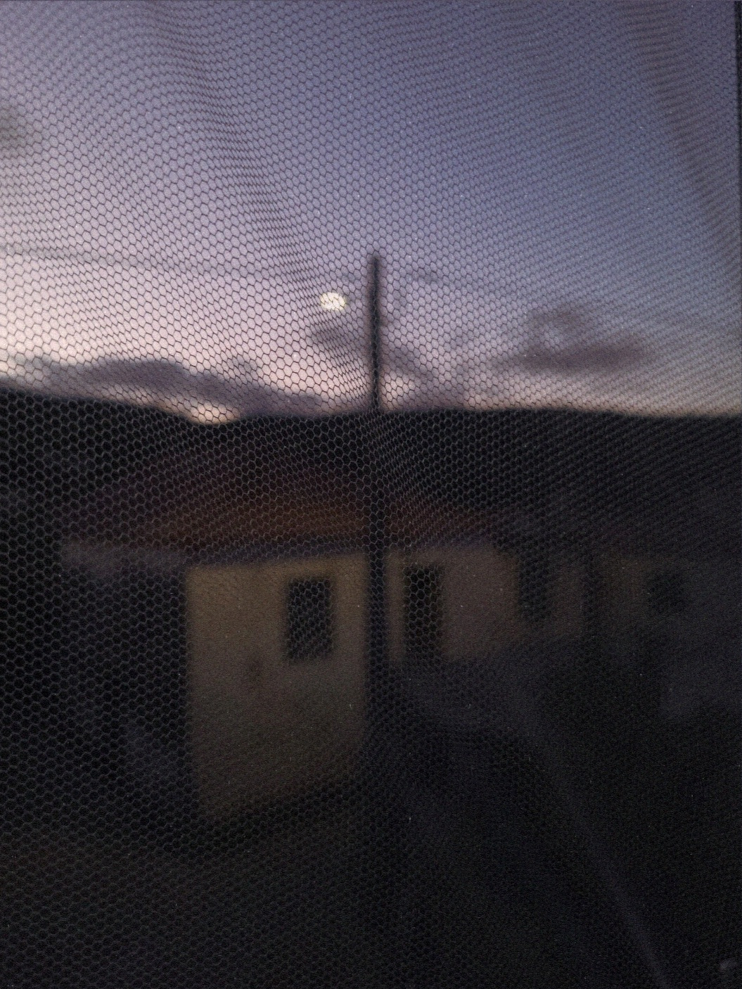 A faintly visible moon shines in the twilight sky behind a mesh screen, with rooftops and hills silhouetted in the background.