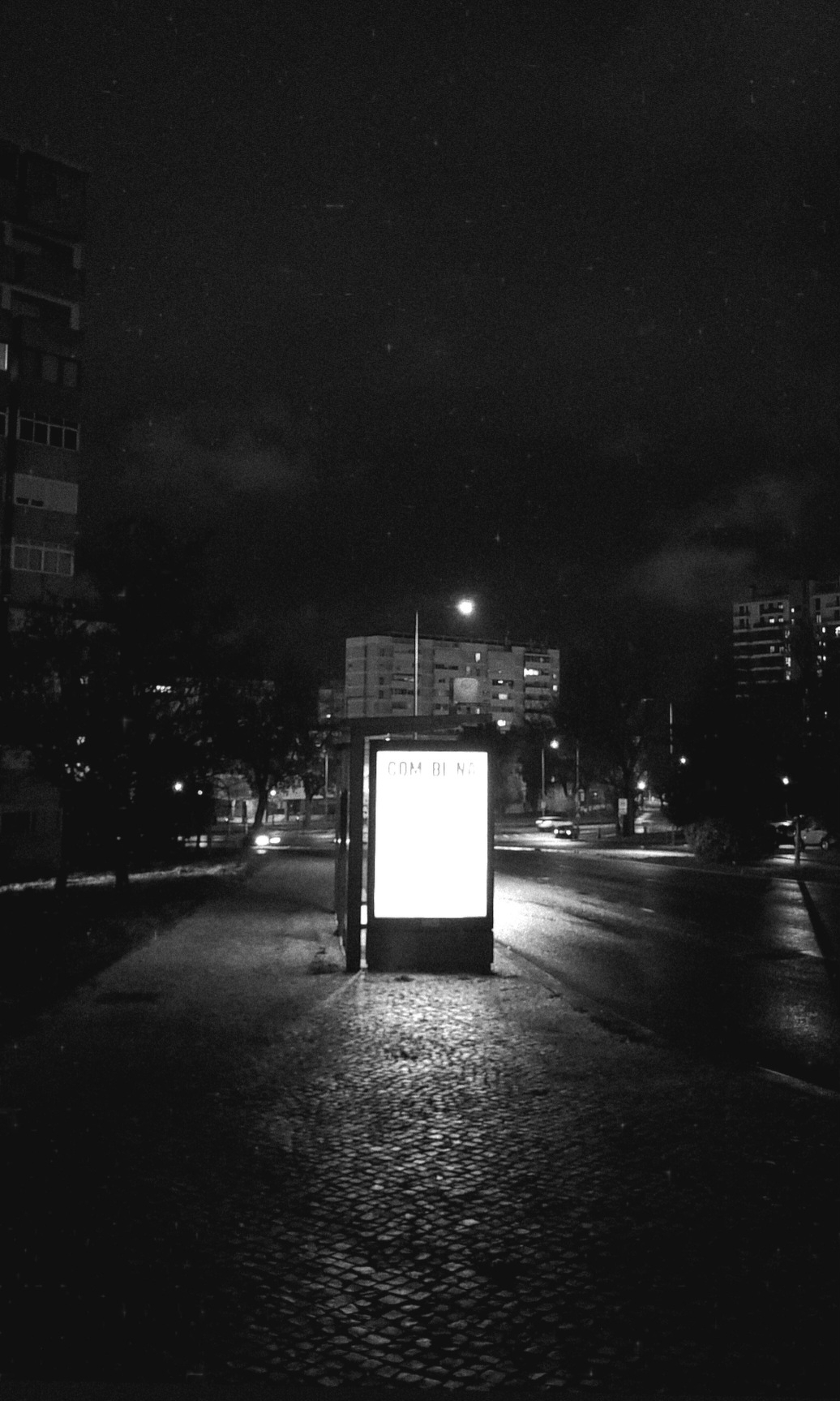 A dimly lit outdoor scene at night features a glowing, illuminated billboard surrounded by wet cobblestone pavement and dark, towering buildings.