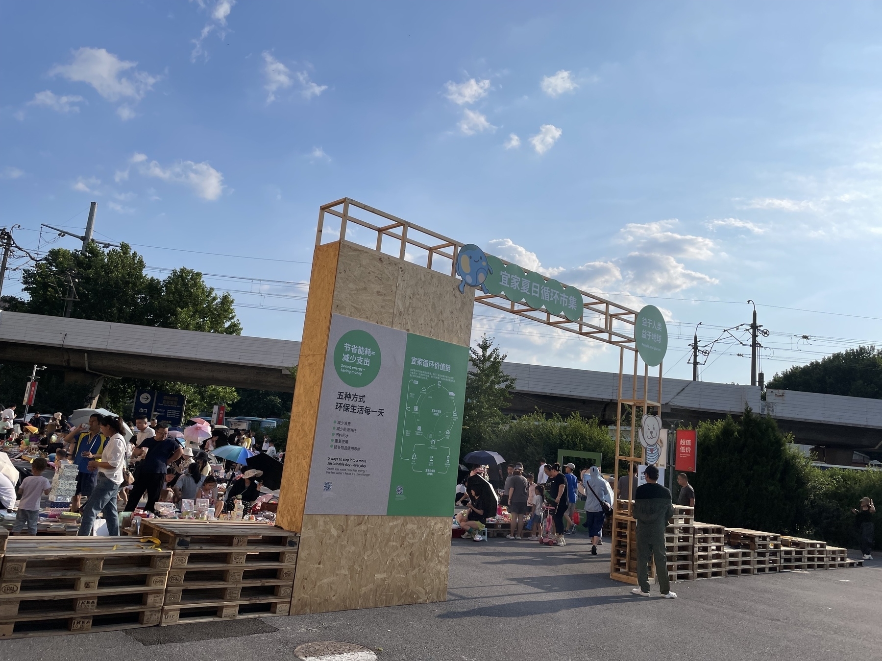 A bustling outdoor market scene features a wooden entrance structure and people browsing under a sunny sky.