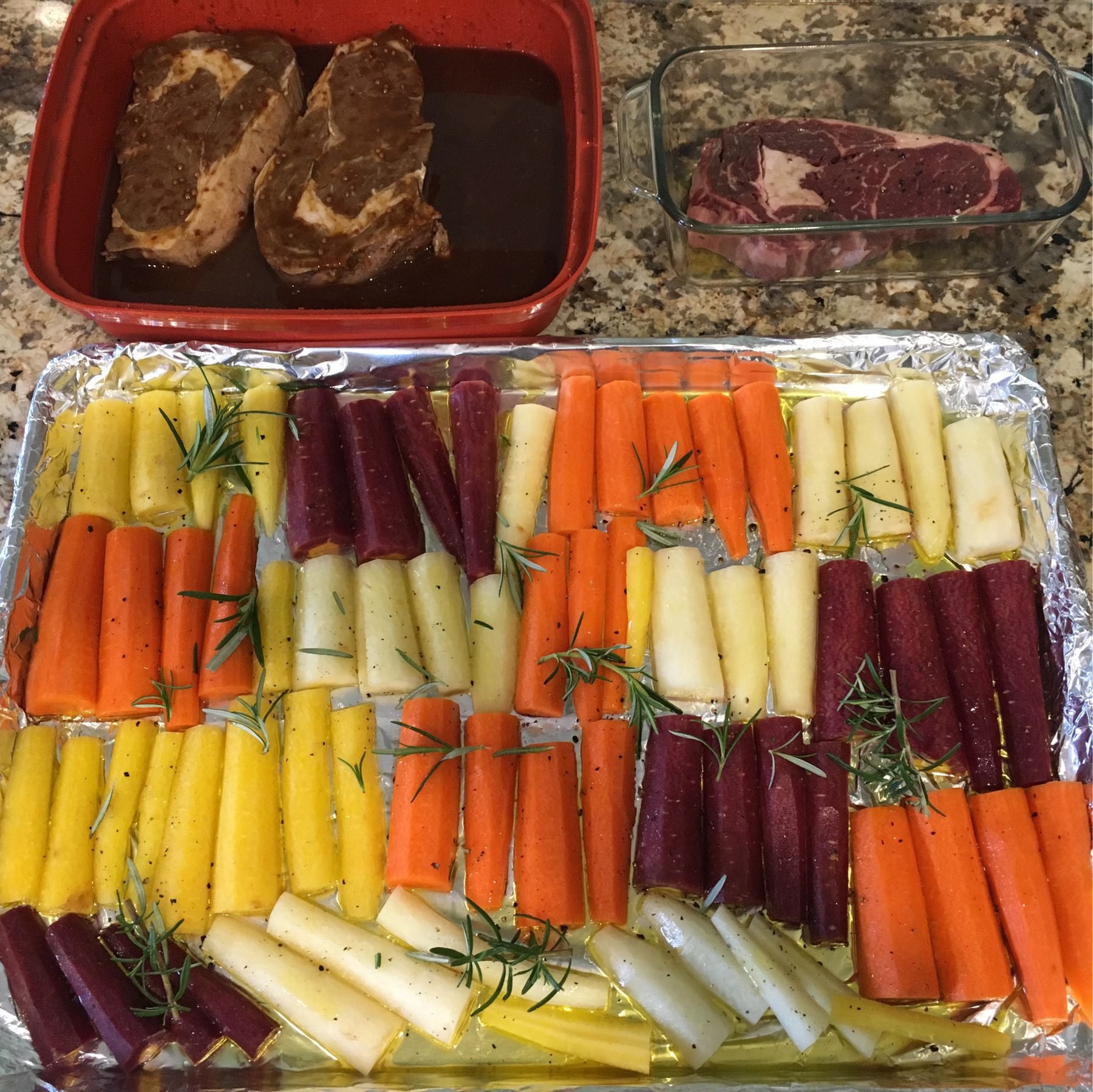 Steak and carrots, prepped