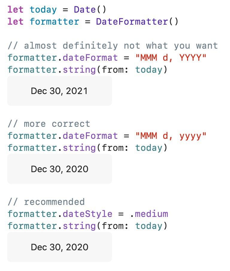 Swift playground showing difference between uppercase and lowercase y format, and recommending dateStyle.