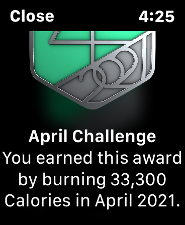 April 2020 Apple fitness challenge award for 33,300 calories burned