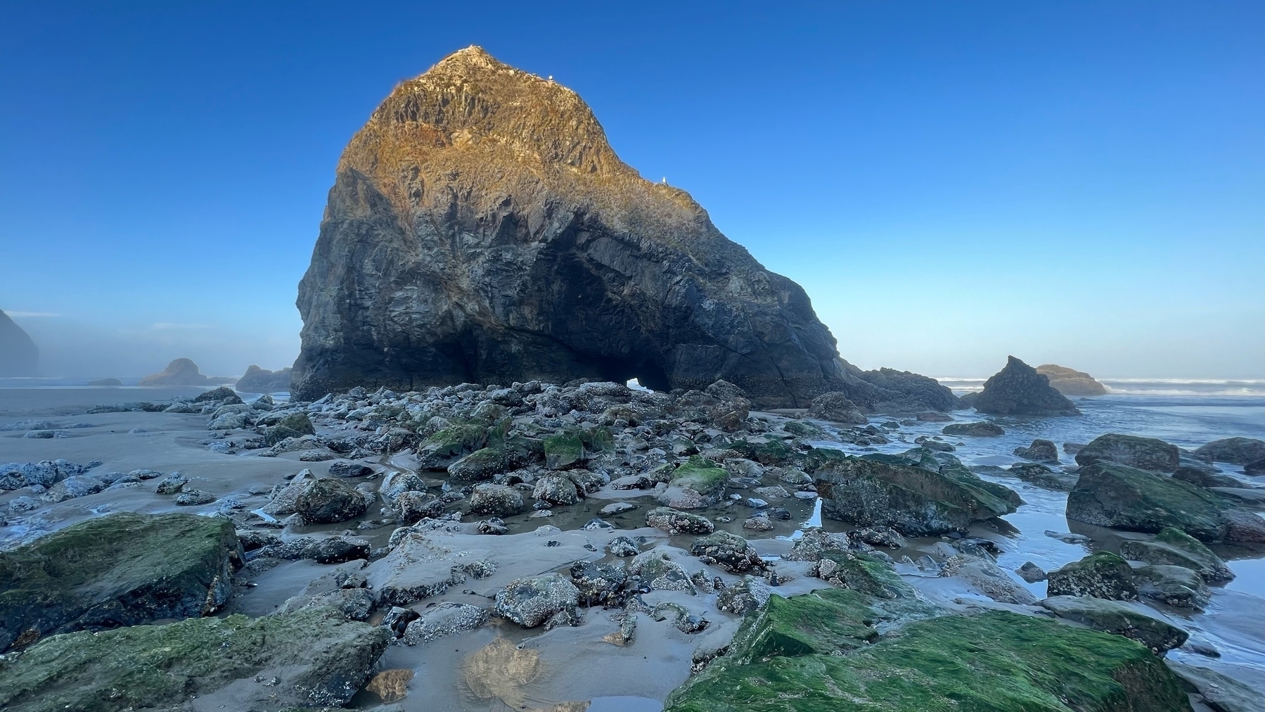Large sea stack (rock) at morning low tide, exposing a hole through it at the base