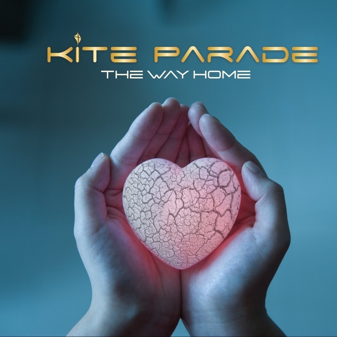 Album cover. Hands holding a glowing pink heart with a dried and cracked surface