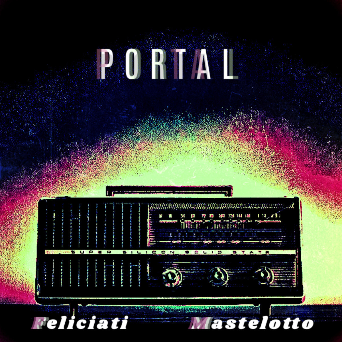 Album cover: A photo of an old Super Silicon Solid State radio, digitally process to be yellow and red backlit, otherwise very dark, with lots of digital noise.